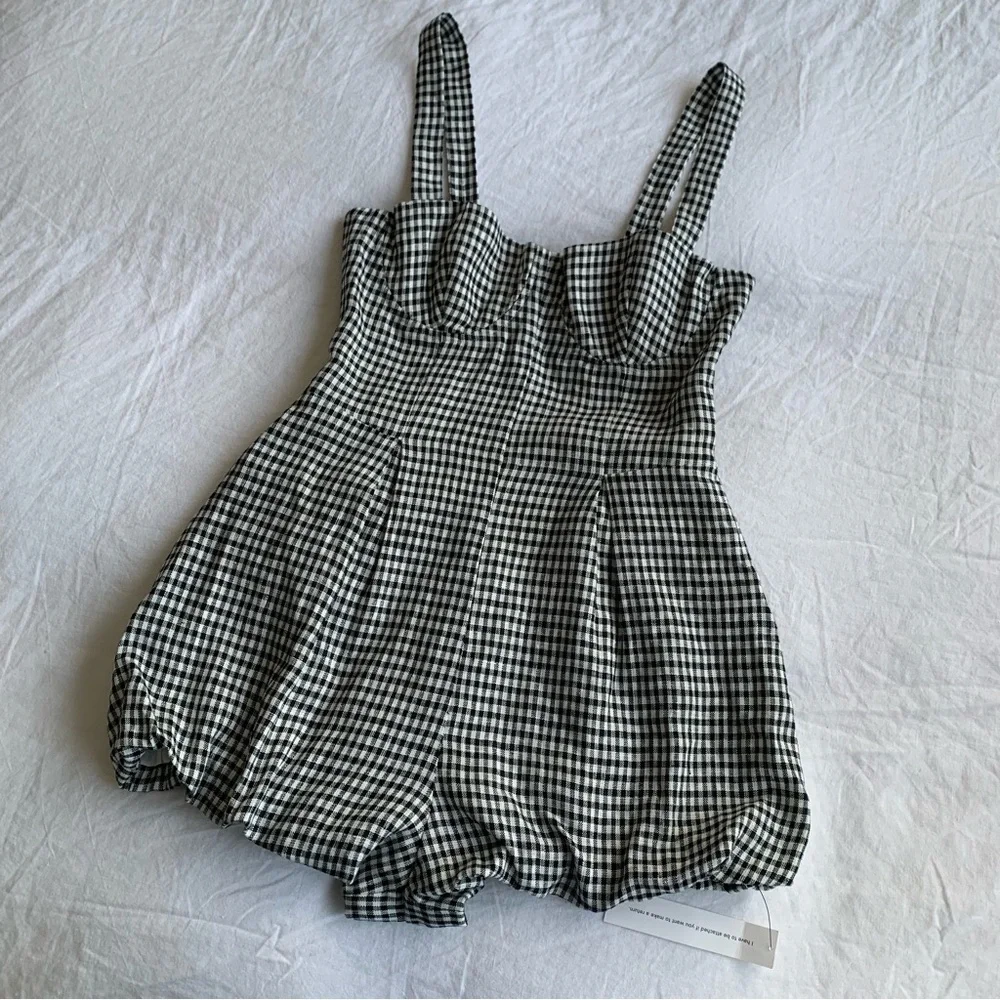 NWT Reformation Lydia Linen Gingham Bubble Hem Romper Remy Check Black White